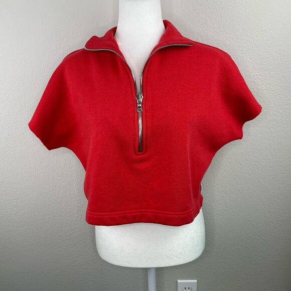Good American Cherry Red 3/4 Zip Short Sleeve Cropped Sweatshirt 0/XS Oversized - Picture 12 of 13